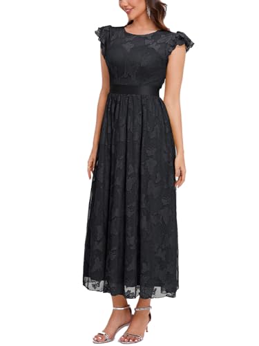 Image of Women's Casual Tulle Midi Dress Ruffle Sleeve Crewneck Lace Flowy Dresses Party Wedding Guest Sundress