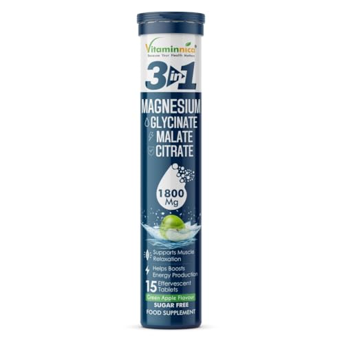 Vitaminnica Magnesium 3-in-1-15 Effervescent Tablets Green Apple Flavour High Absorption Magnesium Malate Citrate & Glycinate Energy Muscle Function & Relaxation Sugar-Free