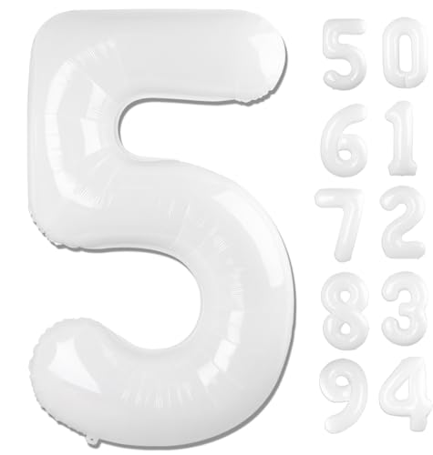 Image of White 5 Balloon, Translucent Number Balloons 40 Inch, 5th Birthday Balloon Decorations, White Party Supplies, 5 Number Balloons, Number 5 Balloon
