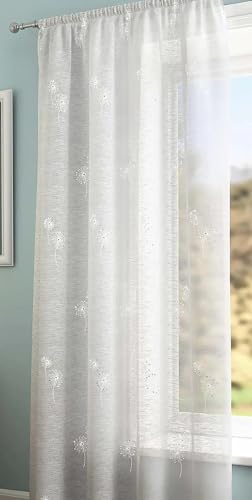 Maple Textiles A Pair of Embroidered White Silver Sequin Sparkle Starburst Dandelion Floral Design Linen Look Voile Net Curtain Panel Slot Top Heading 55" Width (140cm) 48" Drop (1122cm)
