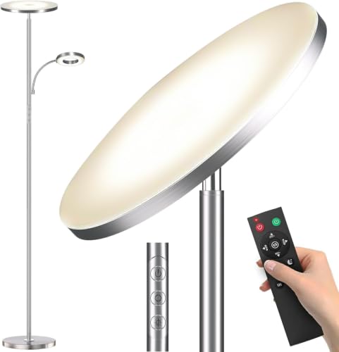 Image of marctronic Brushed Nickel Floor Lamp, 42W 4000LM Brightest LED, Smooth Metallic Body & Anti-Glare, Dimmable Remote /Touch Floor Lamp for Bedroom /Study