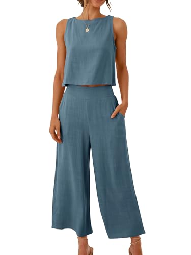 Image of ANRABESS Women's Summer 2 Piece Outfits Sleeveless Tank Crop Button Back Top Cropped Wide Leg Pants Set Pockets