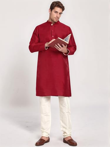 Image of SKAVIJ Men's Art Silk Contrast Kurta Pyjama Set Woven Design 2-Piece Festive Ethnic Dress