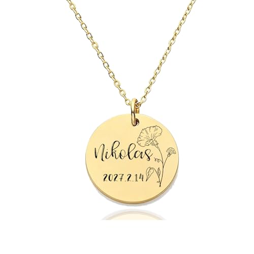 HUAN XUN Custom Birth Month Flower Nikolas Necklace for Women 18K Gold Plated Stainless Steel Engraved Nameplate Necklace Personalized Floral Disc Pendant Adjustable Chain Jewelry Gifts for Mother