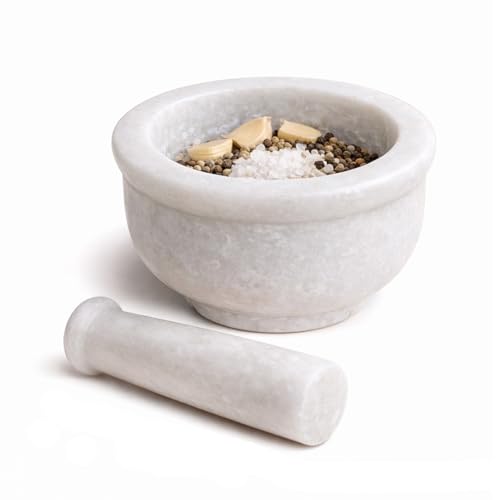 Image of White Marble Mortar and Pestle Set Stone 4 Inch, Khalbatta, Imamdasta, Kharal, Kundi, Okhli, Musal, Mixer, Silbatta Kitchen tool for Grinding Ingredients