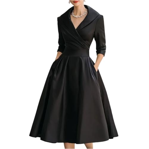 Generisch Abendkleider Elegant für Hochzeit Rockabilly Kleid Damen V-Ausschnitt Midi Festliche Kleider für Hochzeit Vintage Cocktailkleid Langarm...