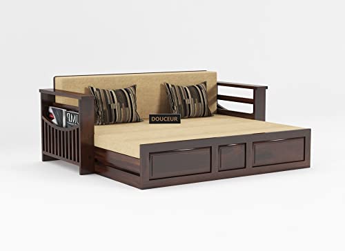 Image of Douceur Furnitures Solid Sheesham Wood Wooden Frame Three 3 Seater Sofa Cum Bed for Living Room,Hotels,Apartment & Hall | Finish Color - Walnut Finish | Cushion:-Beige