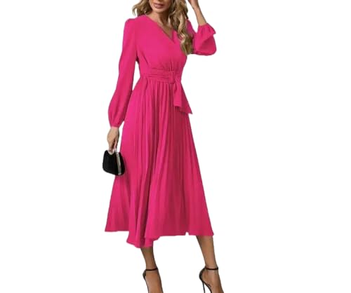 Women's Dresses V Neck Wrap for Wedding Guest Casual Long Dress Pleated Long Sleeve Midi Dress Ruffle Smocked Dress