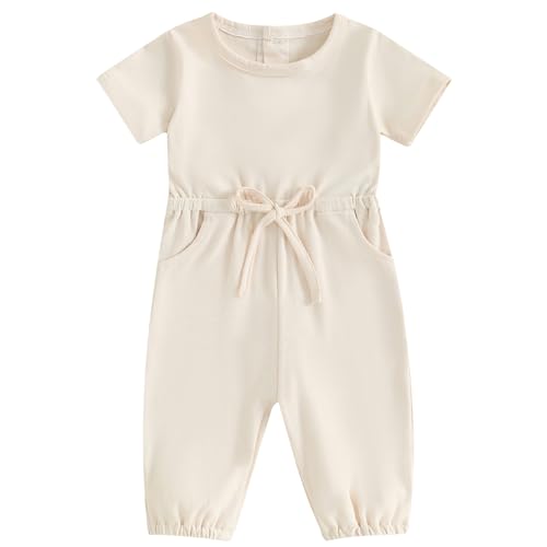 Image of Mubineo Toddler Baby Girl Boy Clothes Basic Plain Romper Jumpsuit Short Sleeve Pocket Newborn Summer Fall Outfits
