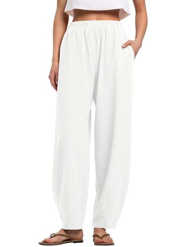LOMON Linen Barrel Pants Women Wide Leg Palazzo Summer Baggy Harem Pants Boho Casual Outfits Trousers Beach Vacation Cotton Clothes with Pockets White L