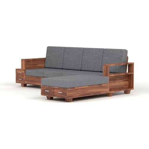 Image of Sheesham Wood L Shape Sofa Set for Living Room with Storage Drawers and 40 Density Cushion | Solid Wooden Corner Sofa Set with Grey Fabric Upholstery