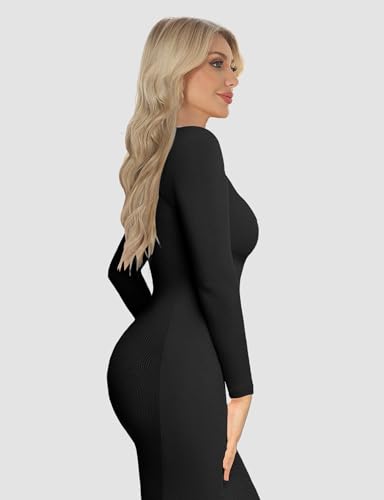 Image of Womens Bodycon Maxi Dresses Sexy Crew Neck Dresses Long Sleeve Ribbed Black Dress Elegant Lounge Fall Long Dresses