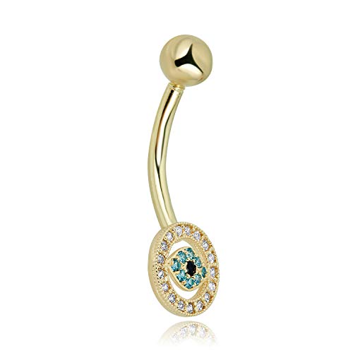Image of AVORA 10K Yellow Gold Multi-Color Simulated Diamond CZ Evil Eye Belly Button Ring Body Jewelry (14 Gauge)