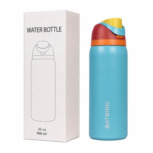 Image of Stainless Steel Water Bottle 32 oz with Flip Lid and Carry Loop (Cyan Blue, 960 ml)