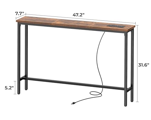 SUPERJARE 7.9 Inch Narrow Console Table with Outlet, Sofa Table, Total Length 47.2'', Behind Couch Table, Long Entryway Tables with Charging Station, for Living Room, Rusitc Brown