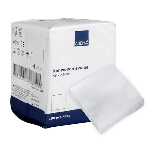 ABENA Gasas 100 unidades, no tejidas, no estériles, ULTRASOFT apósitos para heridas, 4 capas 7,5 x 7,5 cm (1 pack = 100 unidades)