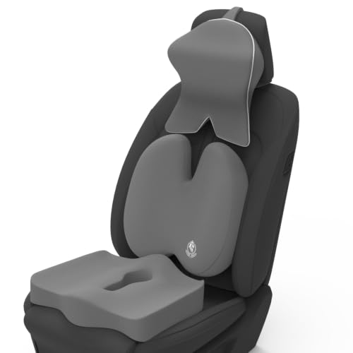 Image of MRRON Memory Foam Posture Corrector Car Seat Cushions Combo | Orthopedic Backrest, Coccyx Cushion & Neckrest | Ergonomic Lumbar Comfort Seat Cushion | Reduces Sciatica (Grey, Backpro)