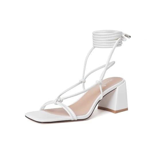 vivianly Women's Lace Up Chunky Heel Sandals Strappy Straps Ankle Wrap Heels White size 9