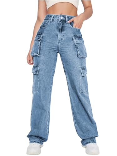 Image of Ben Martin Women's High Rise Cargo Pants || Denim Cargo's Pants || Oversized-Jeans|| Loose Jeans Pant,S