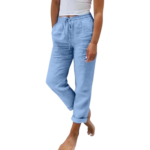 Pantalones de algodón y lino para mujer, pantalones de verano de pierna recta, pantalones de playa con cintura elástica, pantalones capri con bolsillos, pantalones casuales de color sólido, pantalones