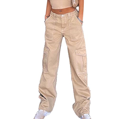 DGHM-JLMY Ladies Street Fashion Workwear Straight Trousers Harajuku High Waist Slim Loose Khaki Jeans Wide Leg Pants Retro