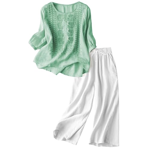 Ensemble Femme Chic et Elegant Blanc Pantalon en Lin pour Femme Jambes longues et larges Léger et aéré 2 pièces Broderie Chemise en lin 2 pièces Pantalon...