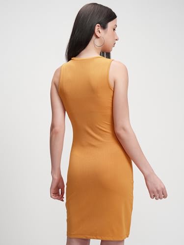 Image of Tokyo Talkies Women's Elegant Vertical Stripes Self-Design | Round Neck Sheath Dress | Ribbed Short Sleeves & Bodycon Fit for a Chic Look