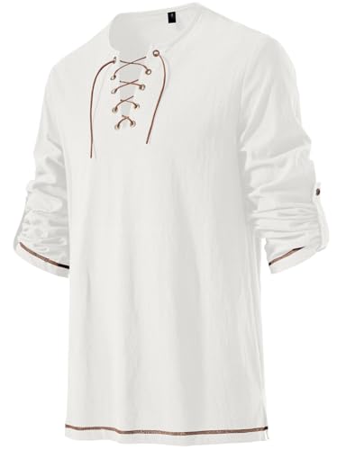 Image of JEMITOP Men's Pure Cotton Vintage Lace Up Shirts for Pirate Renaissance Viking Medieval Costume Without Belt
