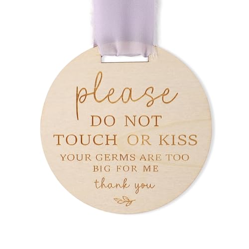 Image of Please Do Not Touch or Kiss Baby Sign, Wooden Don't Touch Baby Sign for Car Seat Baby Stroller Tag with Ribbon No Touching Baby Signage for Baby Newborn