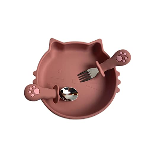 Image of Baby Dish with Stainless Fork Spoon, Kid Cute Cartoon Cat Silicon Suction Plate, Children Food Tableware, BPA Free Non-Slip Baby Food Feeding Dish (Pink)