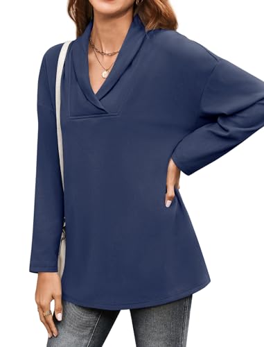 Image of Women's Long Sleeve Tops Fall Shawl Neck Tunic Tops for Leggings Casual Blouse Sweatshirt