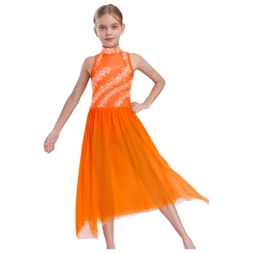 Agoky Mädchen Neckholder Eiskunstlauf Kleid Glitzer Tanzkleid Rollkragen Skaterkleid Leotard mit Midi Lang Swing Tutu gefaltet Rock Latein Samba...