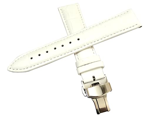 Image of 18mm 19mm 20mm 21mm 22mm 23mm 24mm Genuine Leather Butterfly Deployment Clasp Buckle Watch Band Strap Black Dark Brown TAN Blue Rose Black Gold White
