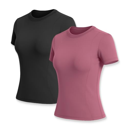 El Mejor Listado de Ropa de Fútbol americano para Mujer que puedes comprar esta semana. 48 XGHEO 2PCS Camisetas Fitness Mujer, Blusas Deportivas Mujer,Camiseta de Cuello Redondo de Secado Rápido Yoga Fitness (MX/US, Alfa, X-Grande, Regular, Regular, Negro y Rosa)