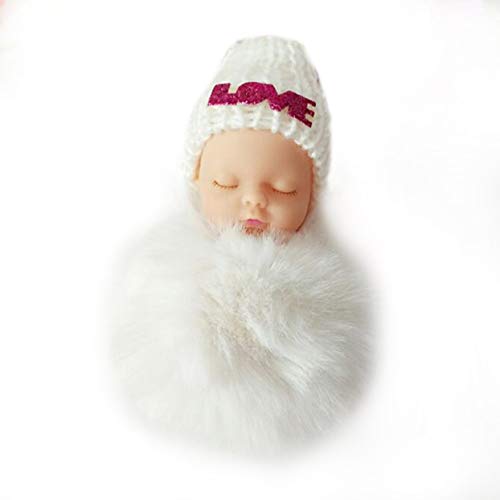 Preisvergleich Produktbild Kreative niedliche schlafende Babypuppe Schlüsselbund Kleine weiche Pelzpuppe Anhänger Autotasche Charme Flauschige Kugel Schlüsselring Spielzeug - Weiß