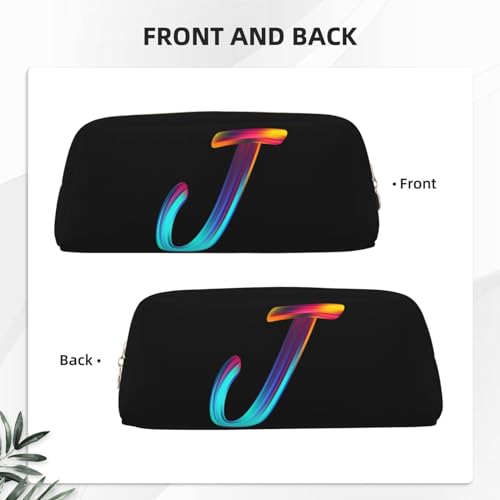Image of Cute Initial Pencil Case for Kids Simple Leather Pencil Pouch for Boys Girls Letter Design Pencil Box Pen Bag Pencil Pouch Office Stationery Organizer, Rainbow Letter J