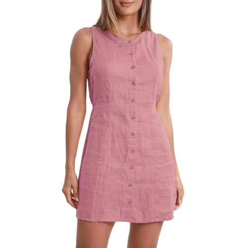 Amazhiyu Damen Kleid aus reinem Leinen, ärmellos, Knopfleiste, lässig, Mini-Tank-Leinenkleid, rose, S