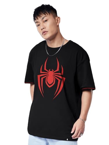 Image of The Souled Store Men Official Marvel: Spiderman Logo Black Printed Oversized T-Shirts