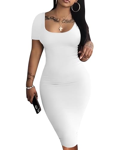 Image of Nimsruc Womens Summer Casual Sexy Short Sleeve Bodycon Dress Basic Pencil Midi Club Dresses