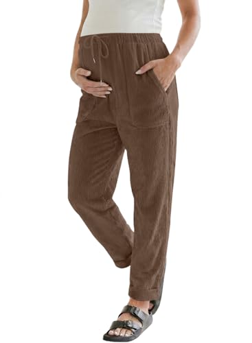 BLENCOT Maternity Clothes Corduroy Casual Drawstring Stretchy Work Pants, Size M