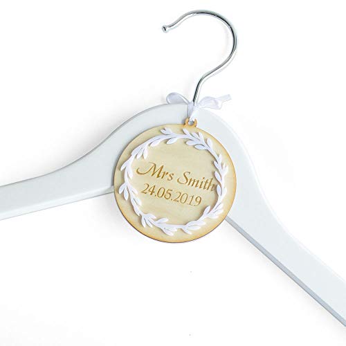 Personalized Bride HangerBridal Wedding Dress HangerBridesmaid Dress HangerEngraved Wood CharmGfit for Bridal ShowerBridesmaid Gift Only Circle Charm Wood Color Circle match White Wreath