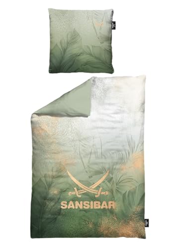 Sansibar Bettwäsche Set Jungle, 100% Baumwoll-Satin, Exotisches Monstera-...