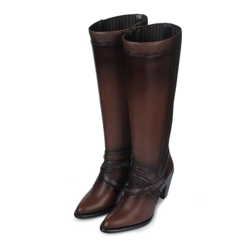 Image of Cuadra Women's Knee-High Leather Boots with Stacked Heel, 3F99RS Brown