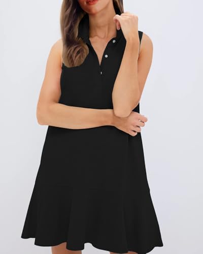 Image of YEXPINE Women's Sleeveless Polo Dress Ruffle Hem Lapel V Neck T-Shirt Summer Mini Dresses
