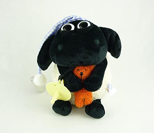 Shaun das Schaf Kuscheltier Timmy mit kleinem Bär, Schnuller und Schlafmütze, 25 cm, Farbe: Weiß/Schwarz