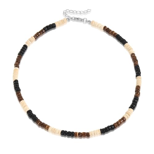 XENQITO 1 Stück Surfer Kette Herren Halskette Herren Muschelkette Herren Surfer Halskette mit Kokosnuss Perlen Handmade Handmade Muschelkette Strand Schmuck Kette Holz (Schwarz)