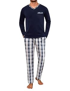 Demegimi Herren Schlafanzug Lang Winter Baumwolle Kariert Pyjama Set Weicher Hausanzug, mit V-Ausschnitt Langarm Shirt & Schlafanzughose