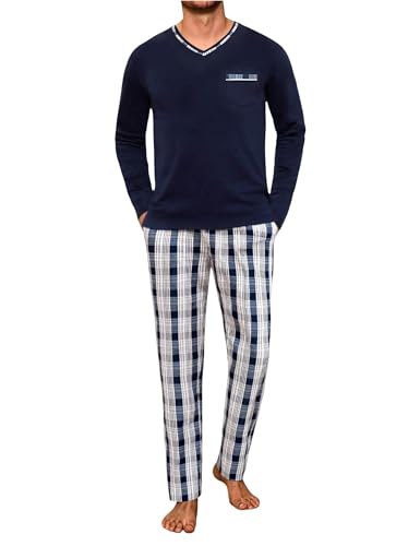 Pyjama homme hiver manche longue coton pantalon rayé col V