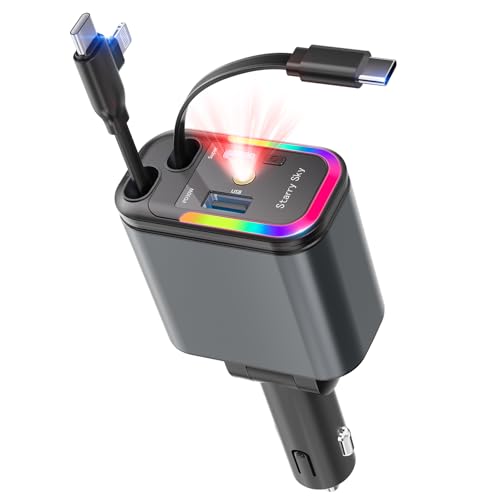 Zigarettenanzünder mit Sternenhimmel Auto, 120W Autoladegerät mit Schnellladefunktion USB-C, Einziehbarer Integriertes Kabel, Kfz-Ladegerät für iPhone, Samsung, usw, kompatibel mit 12V/24V Fahrzeugen