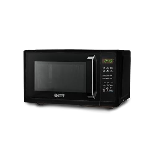 COMMERCIAL CHEF 0.9 Cubic Foot Microwave with 10 Power Levels, Small Microwave with Grip Handle, 900W Countertop Microwave with Digital Display, Door Lock and Kitchen Timer, Black